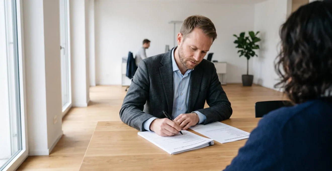 Consultant en recrutement menant un entretien structuré avec prise de notes dans un bureau professionnel en Suisse