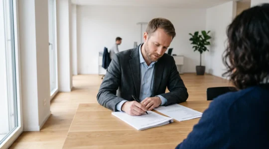 Consultant en recrutement menant un entretien structuré avec prise de notes dans un bureau professionnel en Suisse