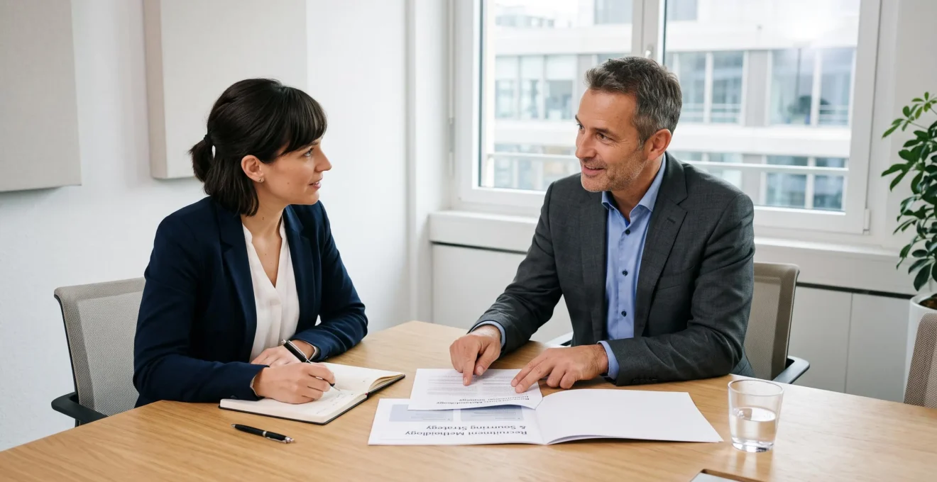 Consultant en recrutement en réunion de conseil stratégique avec responsable RH d'entreprise cliente