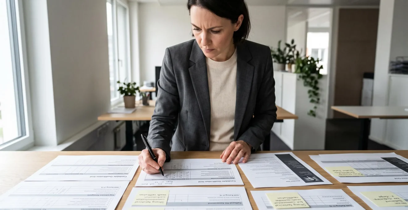 Consultant en recrutement analysant et annotant des grilles d'évaluation de candidats sur un bureau de travail